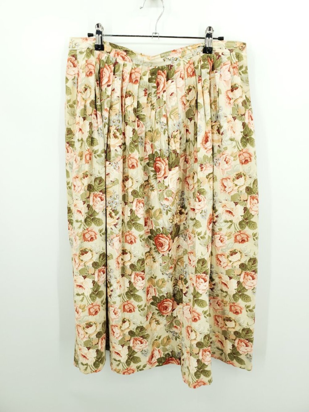 VTG Lee Winter Floral Print Pleated Midi Skirt 16 Pink/Cream